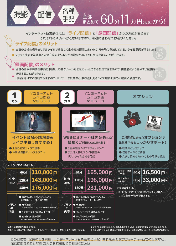 プロ撮影スタッフによるカンタン安心の「インターネットライブ動画配信プラン」