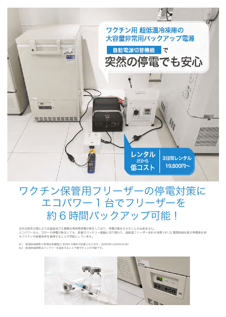 コロナワクチン移送用、蓄電型電源装置「エコパワー」の レンタル