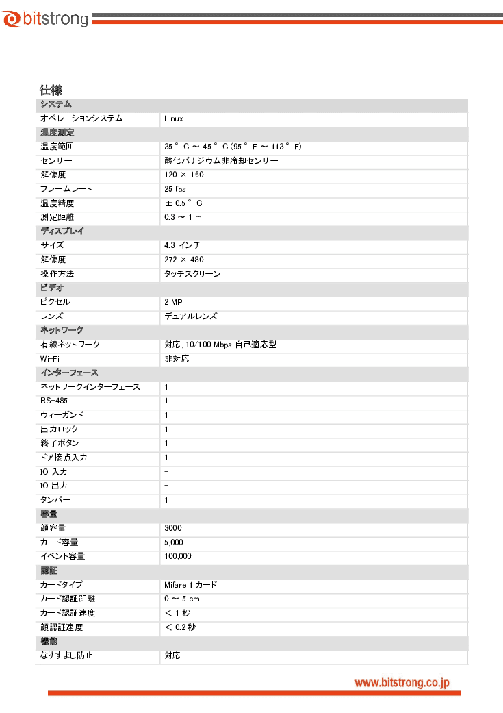 顔認識型サーモグラフィー カメラ分離型 BS-K1T341BMI-T