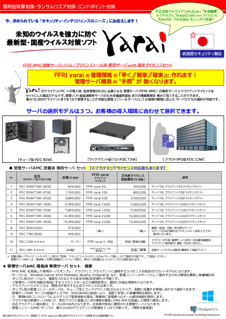 EDR・標的型攻撃対策・ランサムウエア対策・エンドポイント対策「FFRI yarai」と管理サーバ「FFRI AMC」サービス