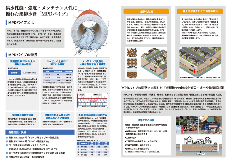 液状化対策・盛り土造成地の滑動崩落対策に活躍する暗渠集排水管『MPDパイプ』