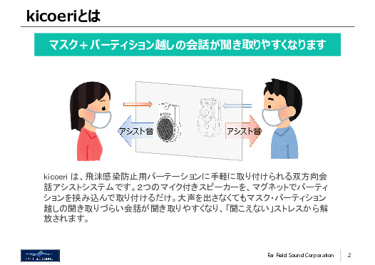 パーティション取付型 双⽅向会話アシストシステム「kicoeri（キコエリ）」