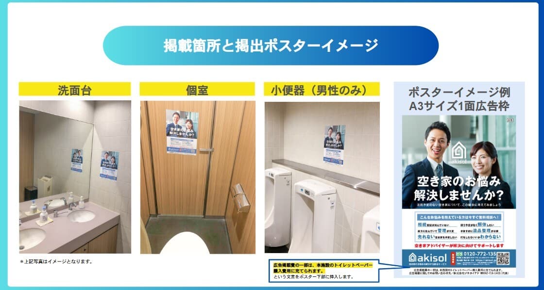 トイレットペーパーの費用負担を軽減する「自治体特化型トイレ広告サービス」