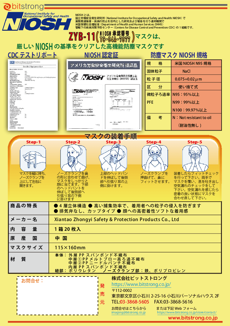 米国NIOSH 認定 N95 規格(認証番号：TC-84A-7877)