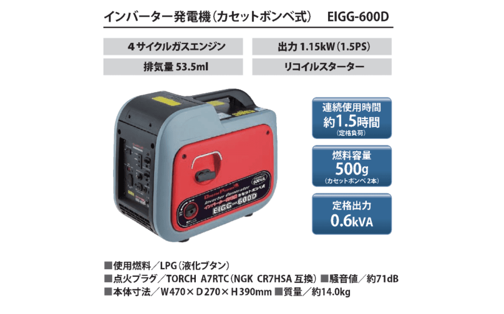 インバーター発電機（カセットボンベ式）EIGG-600D